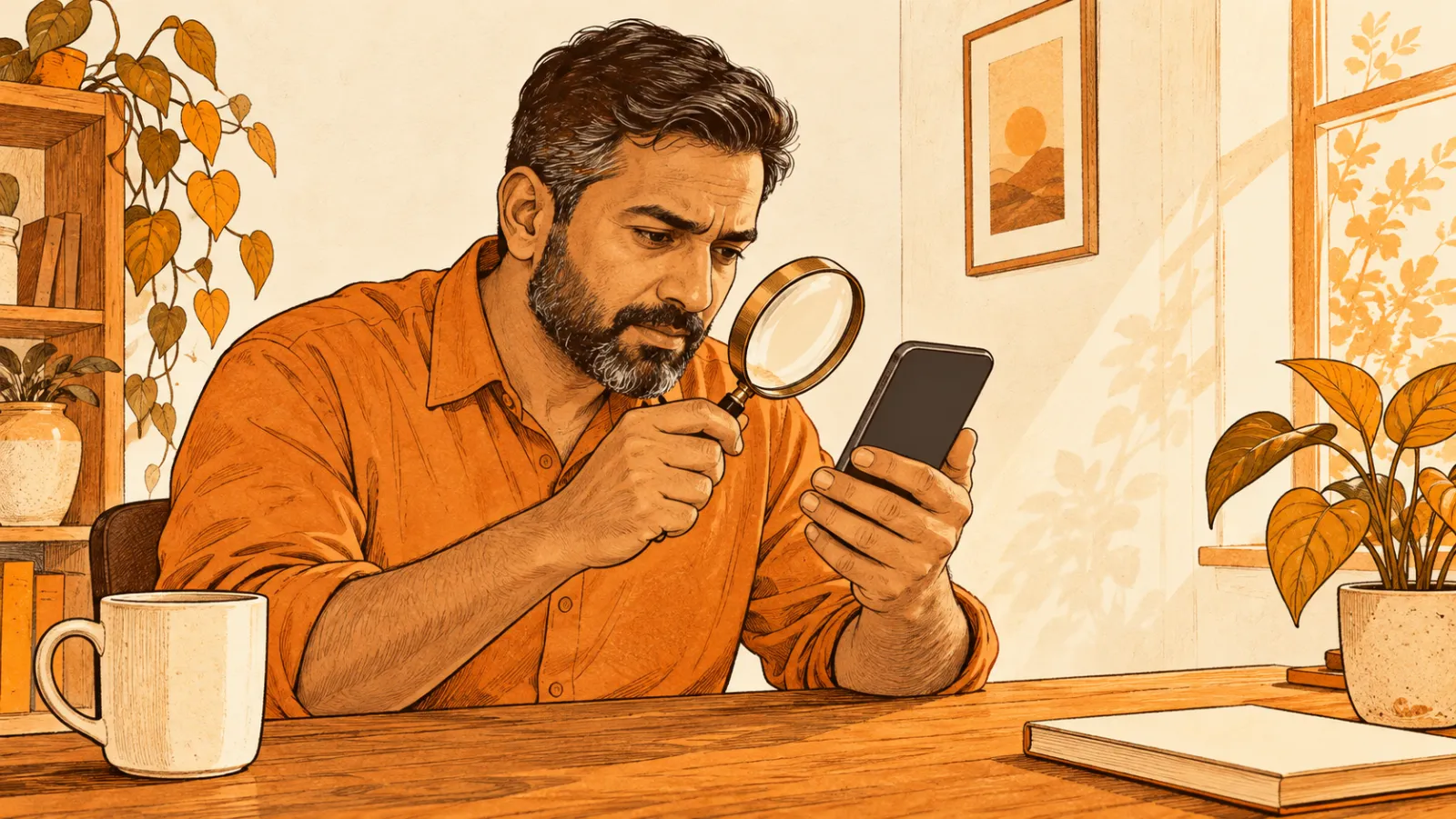 Ein Mann untersucht am Schreibtisch sein Handy mit einer Lupe