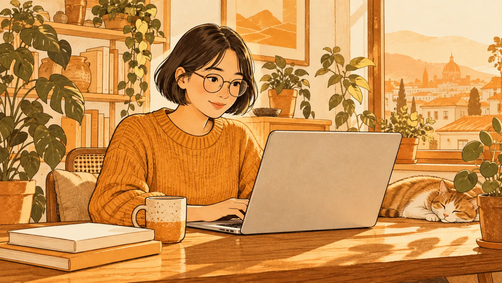 A young woman with glasses working on a laptop at home, a cat asleep beside her