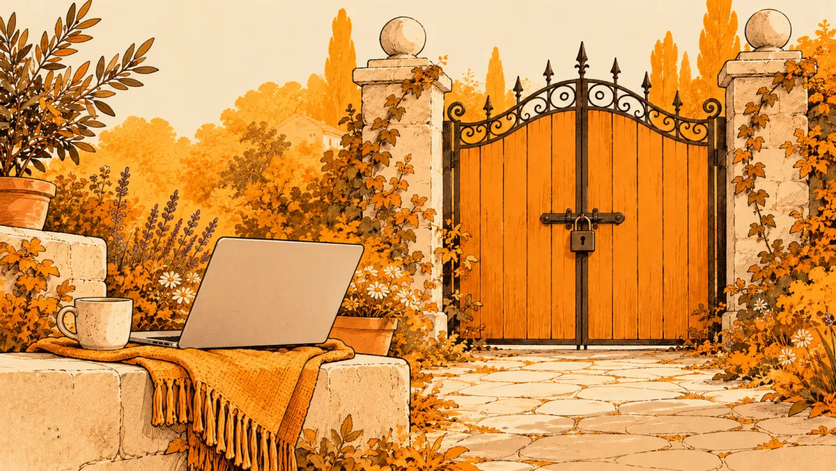 A laptop beside a locked gate