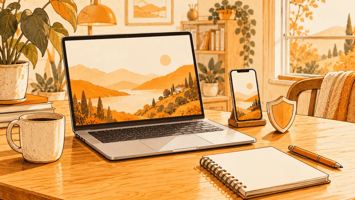 A laptop and phone beside a shield