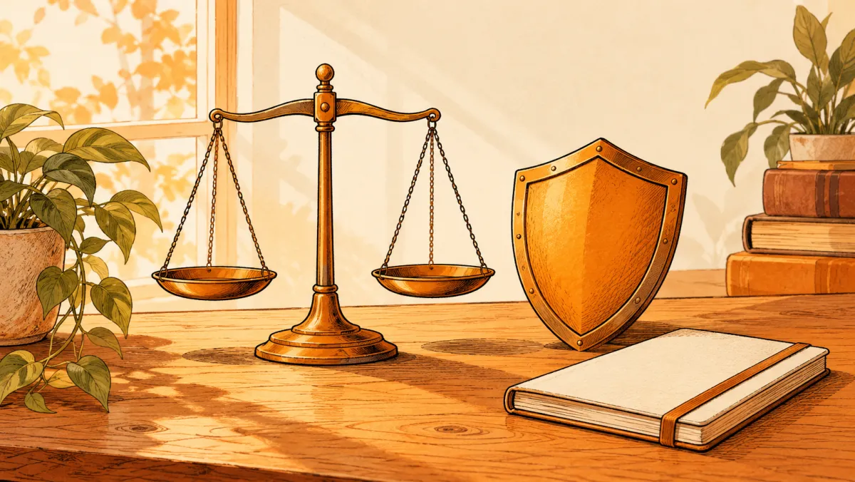 Scales and a shield beside a notebook