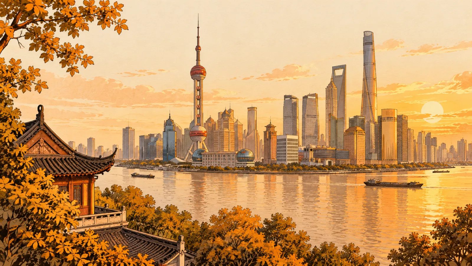 The Shanghai skyline across the Huangpu River at sunset, with a pavilion roof in the foreground