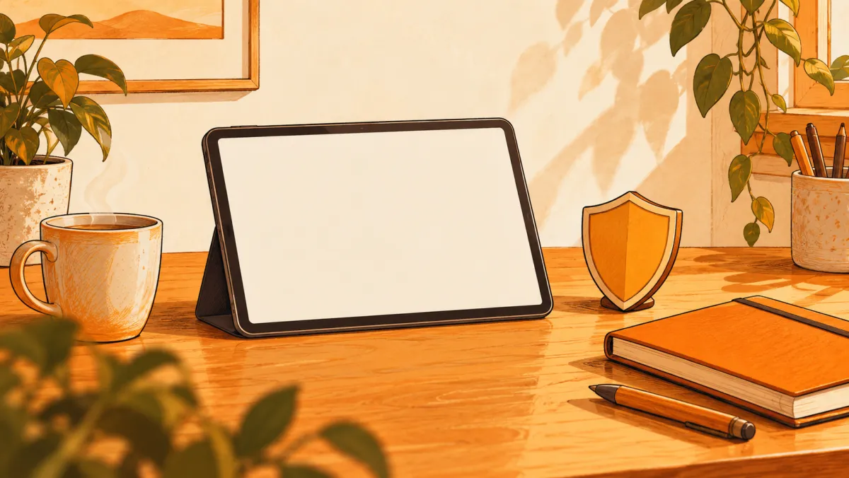 A tablet, shield and notebook on a desk