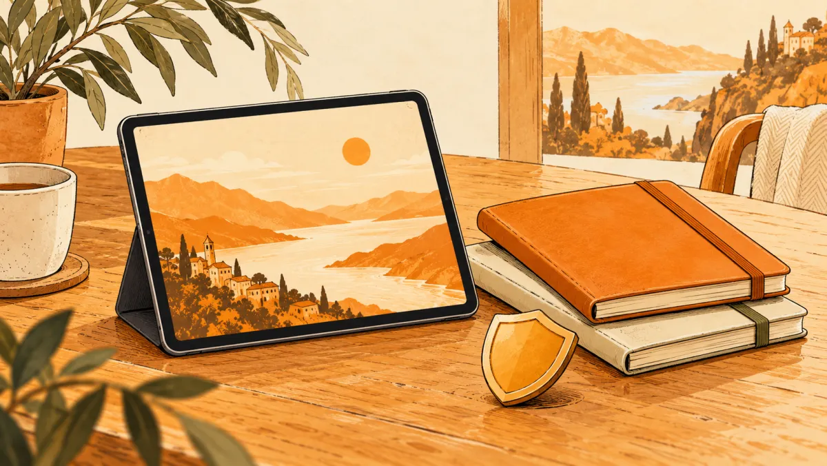 A tablet and notebooks on a table