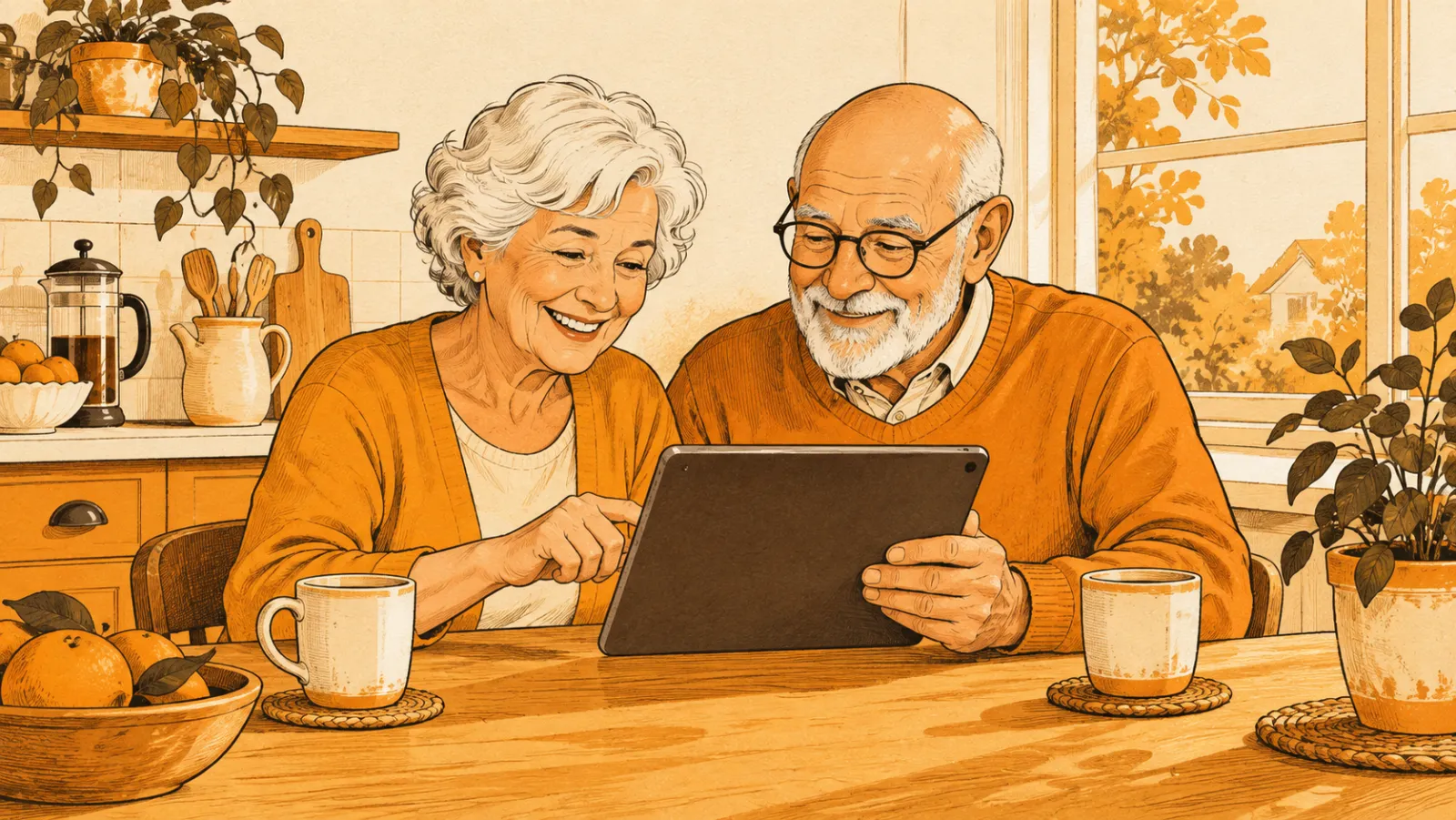 An older couple smiling at an iPad together at the kitchen table