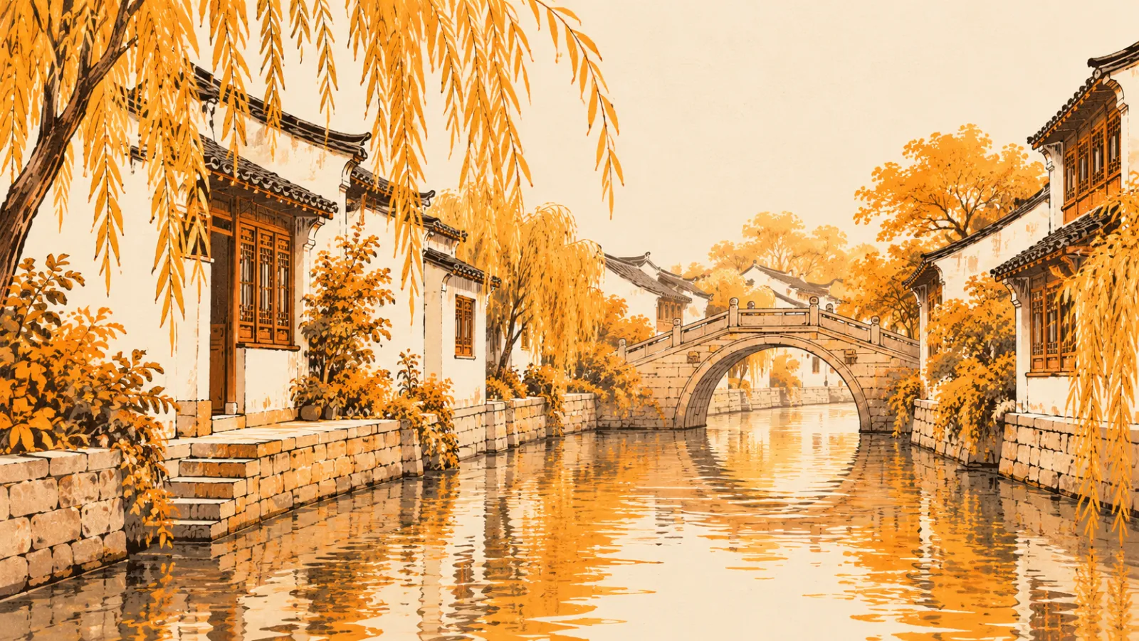 A Chinese water town with an arched stone bridge over a quiet canal
