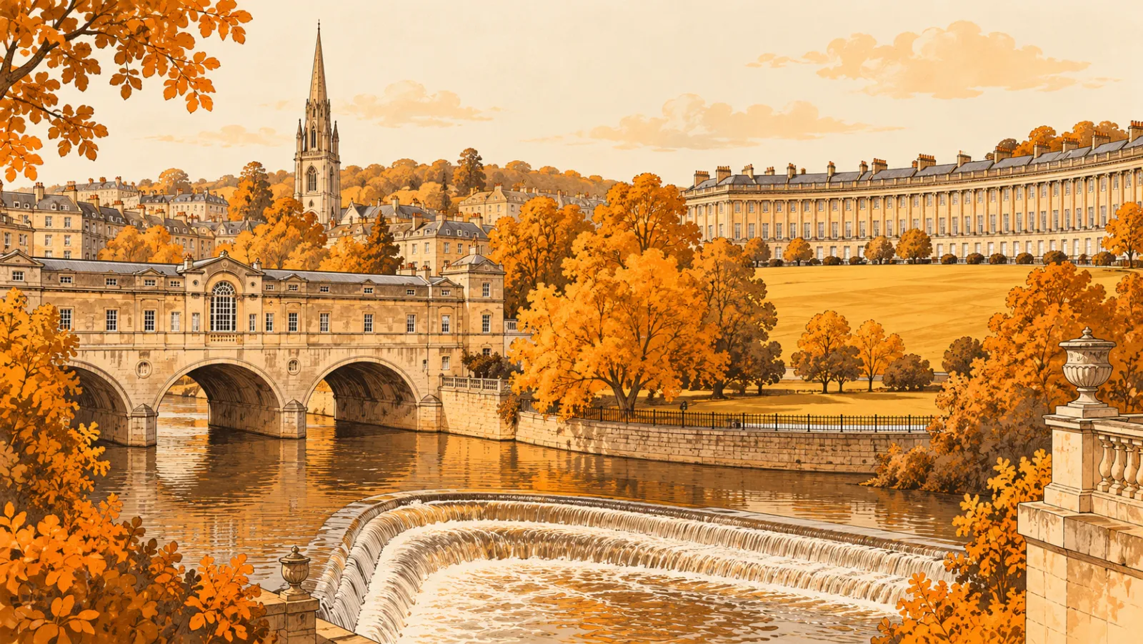 Bath en automne, avec le pont Pulteney, le barrage et le Royal Crescent