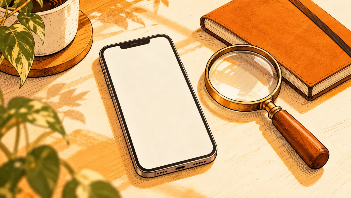 A phone and a magnifying glass on a desk