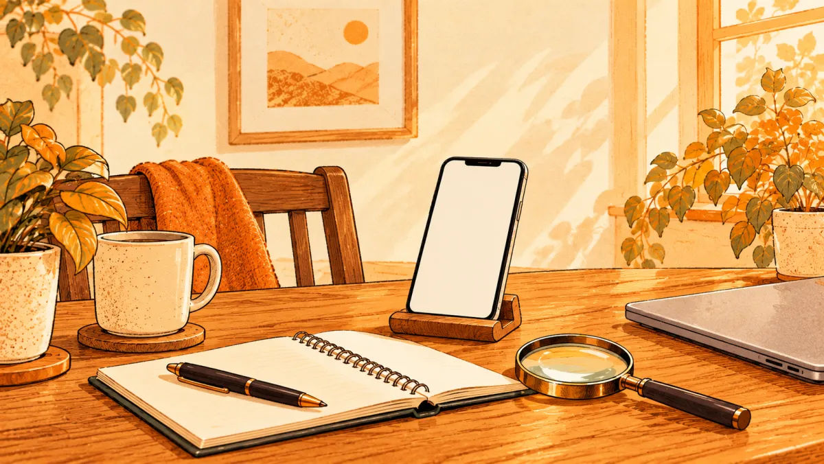 A phone and magnifying glass on a table