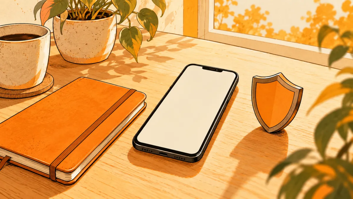A phone, notebook and shield on a table