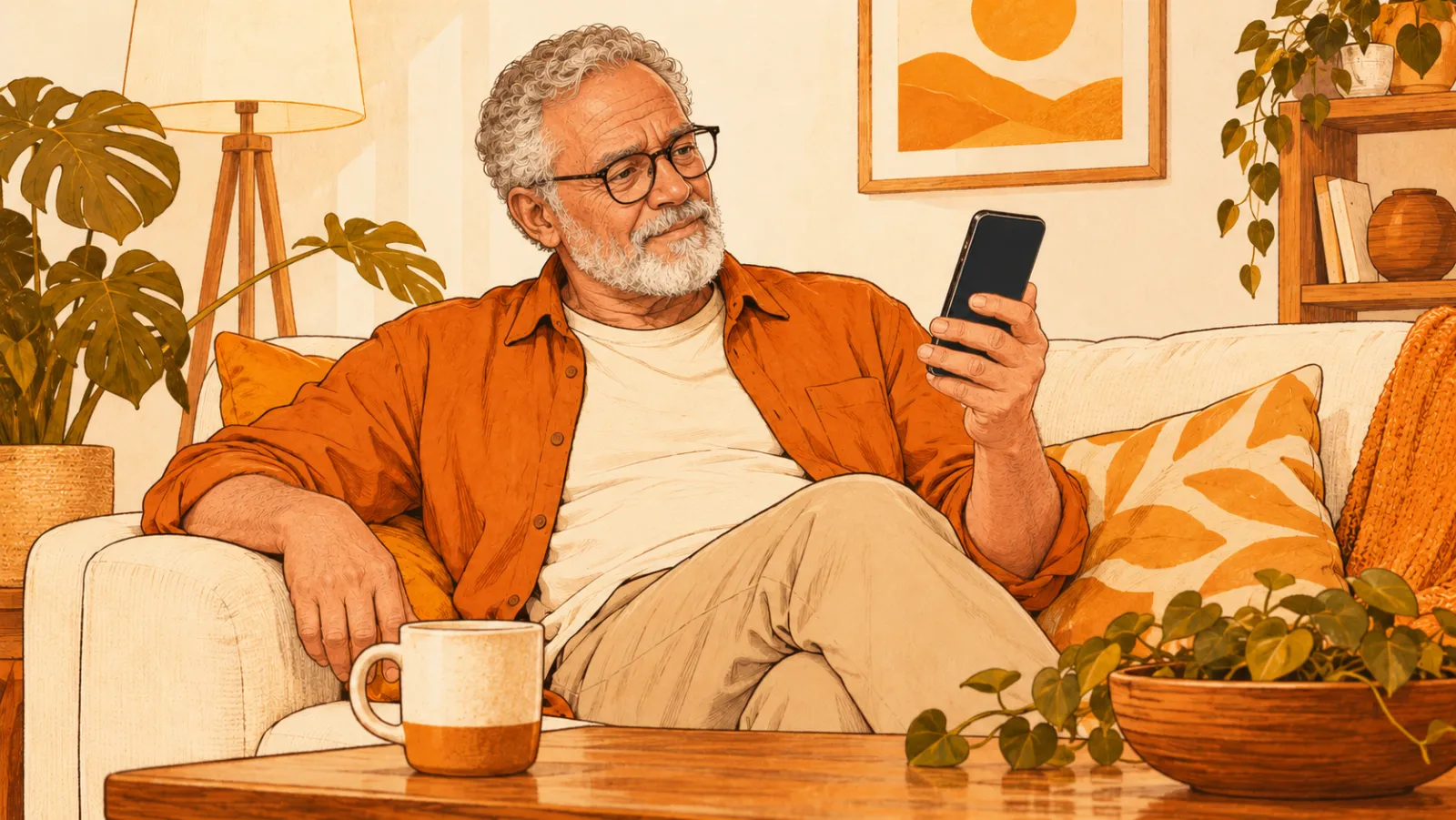 An older man relaxes on a sofa while glancing at his phone