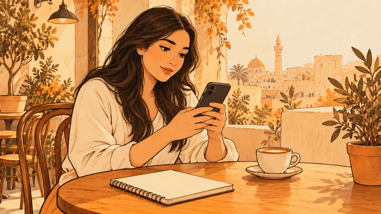 A young woman checks her phone at a café table, an old town behind her
