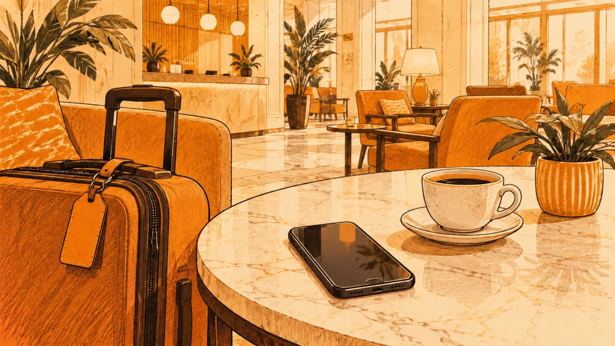 A phone and luggage in a hotel lobby