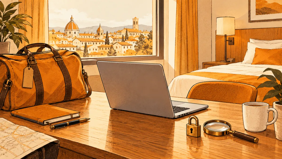 A laptop, padlock and magnifying glass in a hotel room