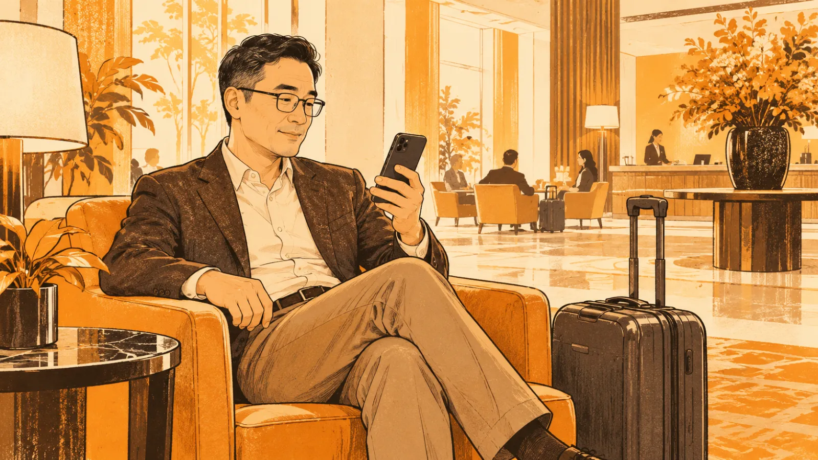 A businessman in a hotel lobby armchair checks his phone, a suitcase beside him