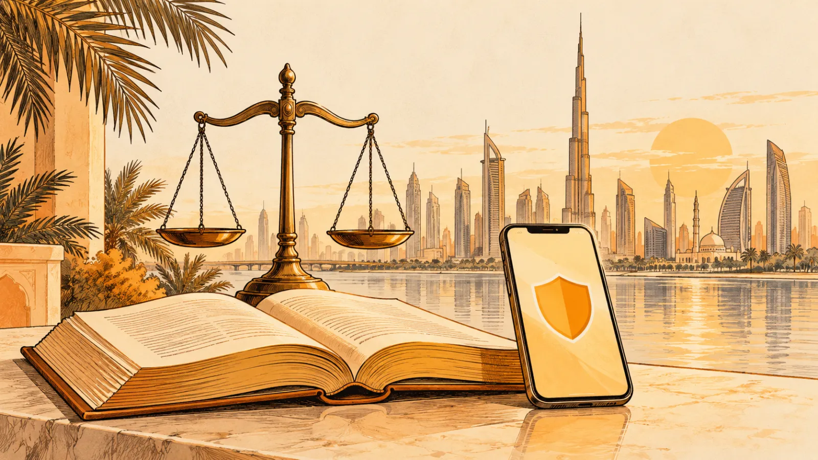 Scales of justice and an open law book beside a phone showing a shield, with the Dubai skyline behind