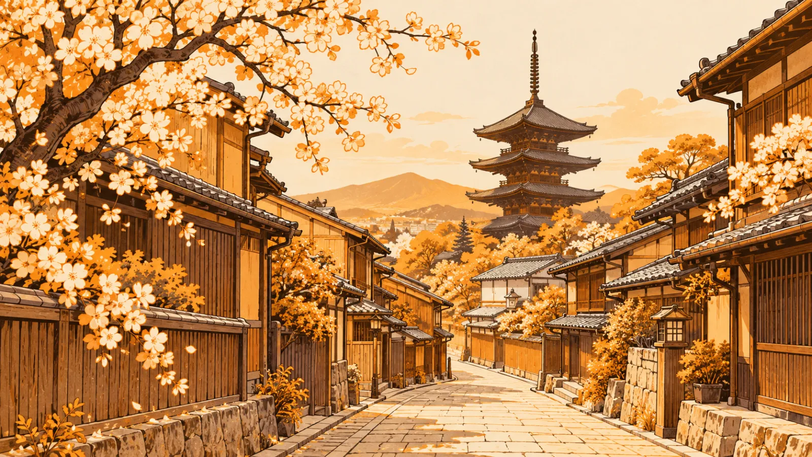A Kyoto street of wooden houses with a pagoda and cherry blossom