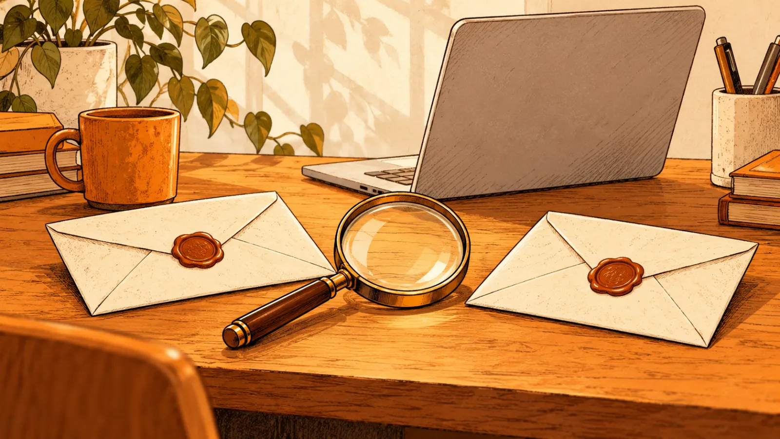 A magnifying glass between two sealed envelopes on a desk, a laptop behind