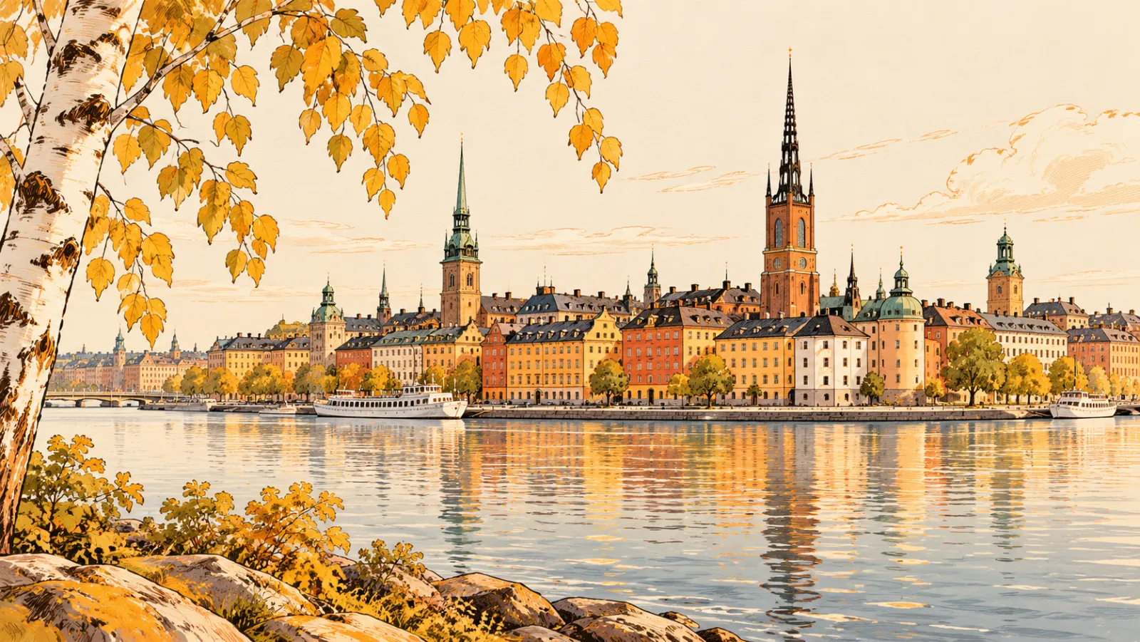 Stockholm's old town across the water, framed by birch leaves