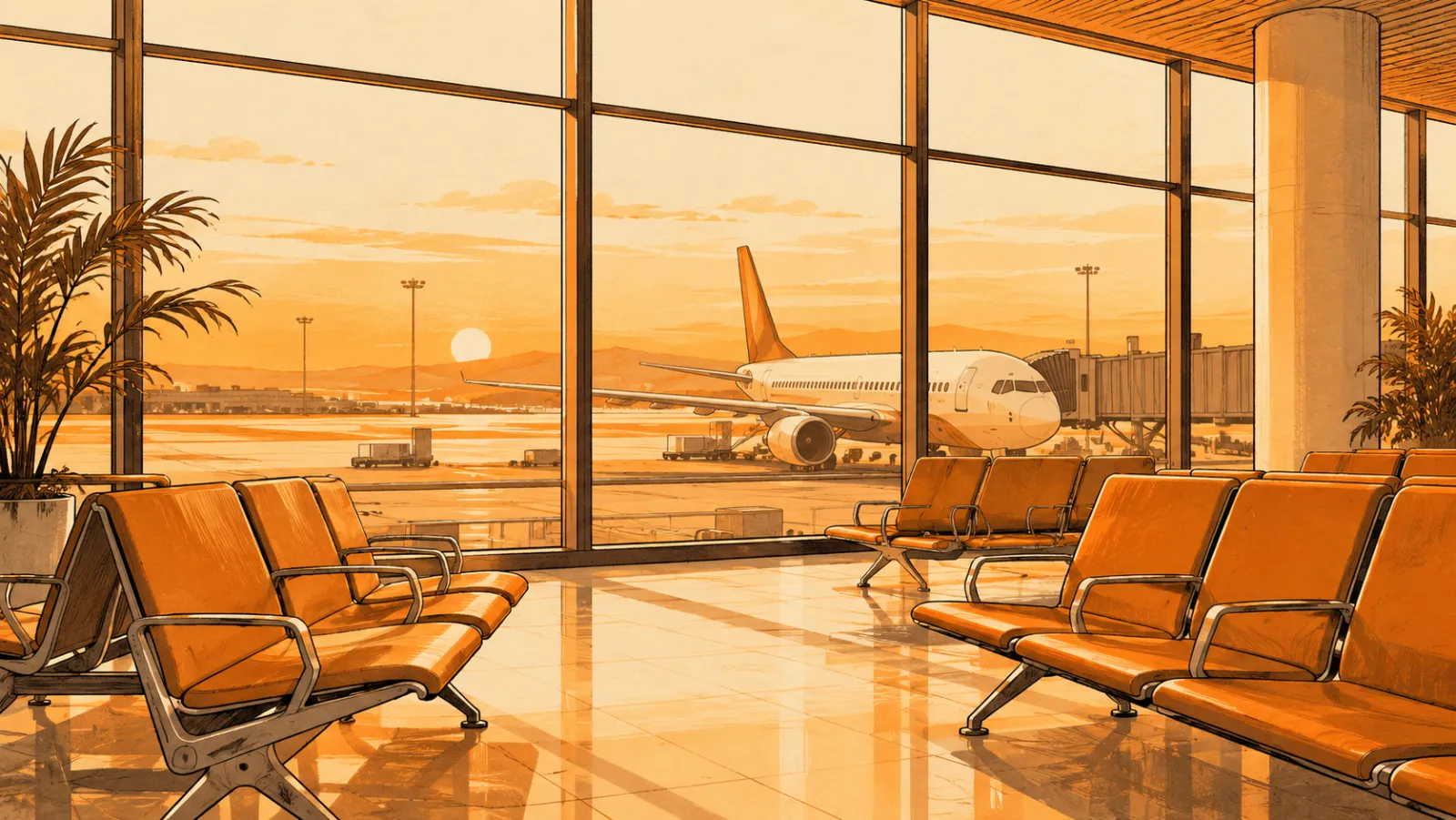 An empty airport departure lounge with a plane at the gate at sunset