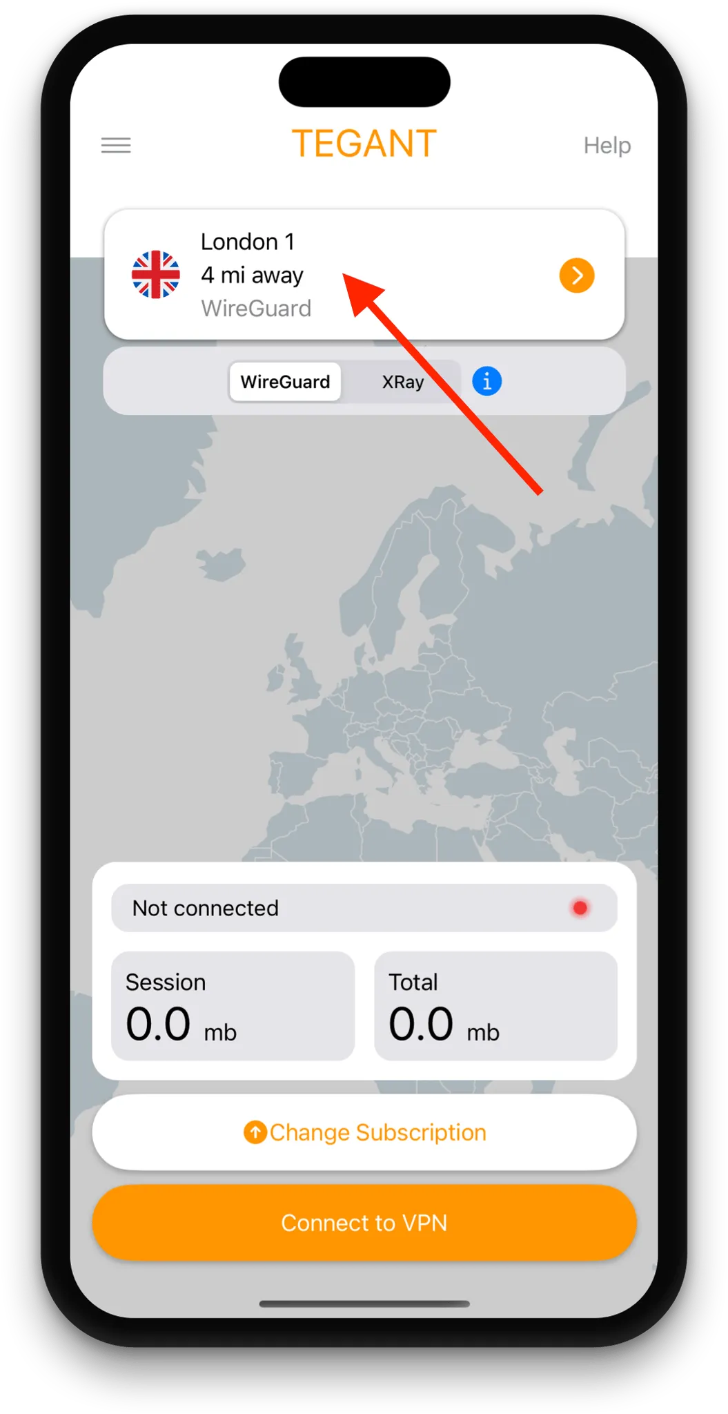 Layar utama Tegant VPN menunjukkan pemilihan server