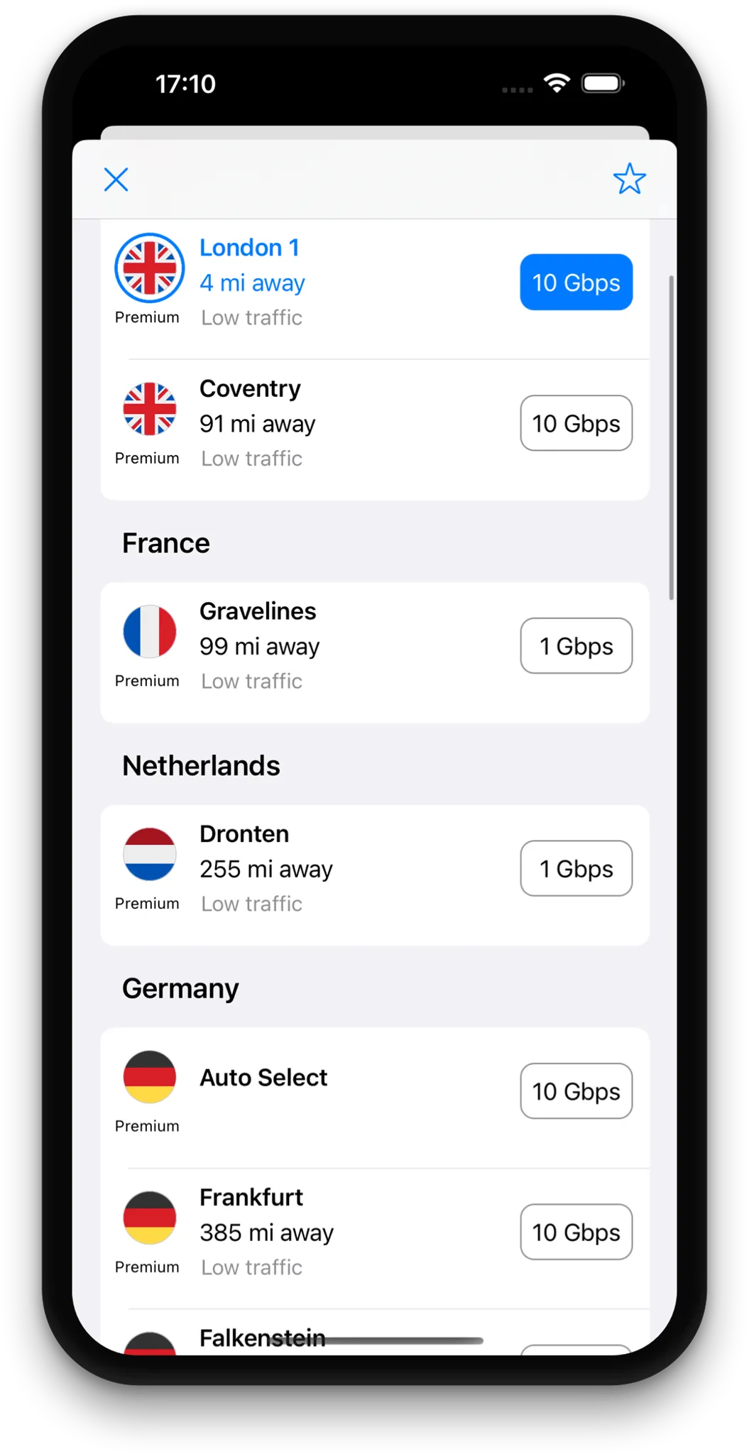 Tegant VPN Server Selection Screen