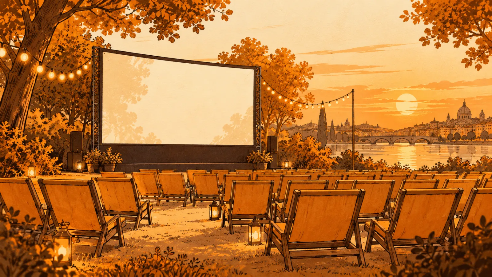 Un cinéma en plein air avec des transats face à un grand écran au coucher du soleil
