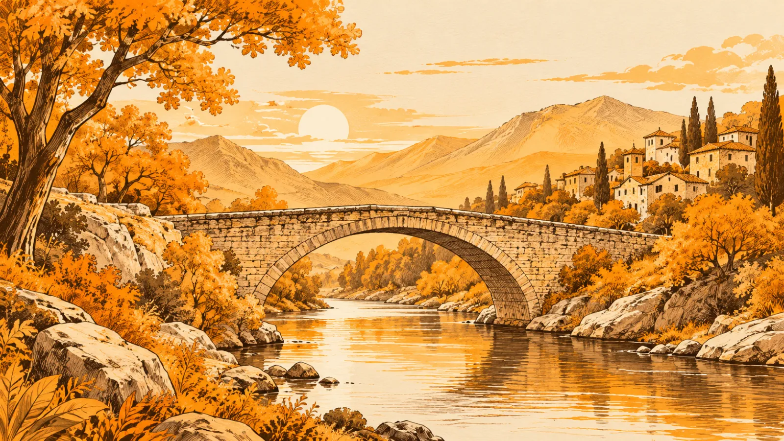 An old stone bridge over a river below a hillside village