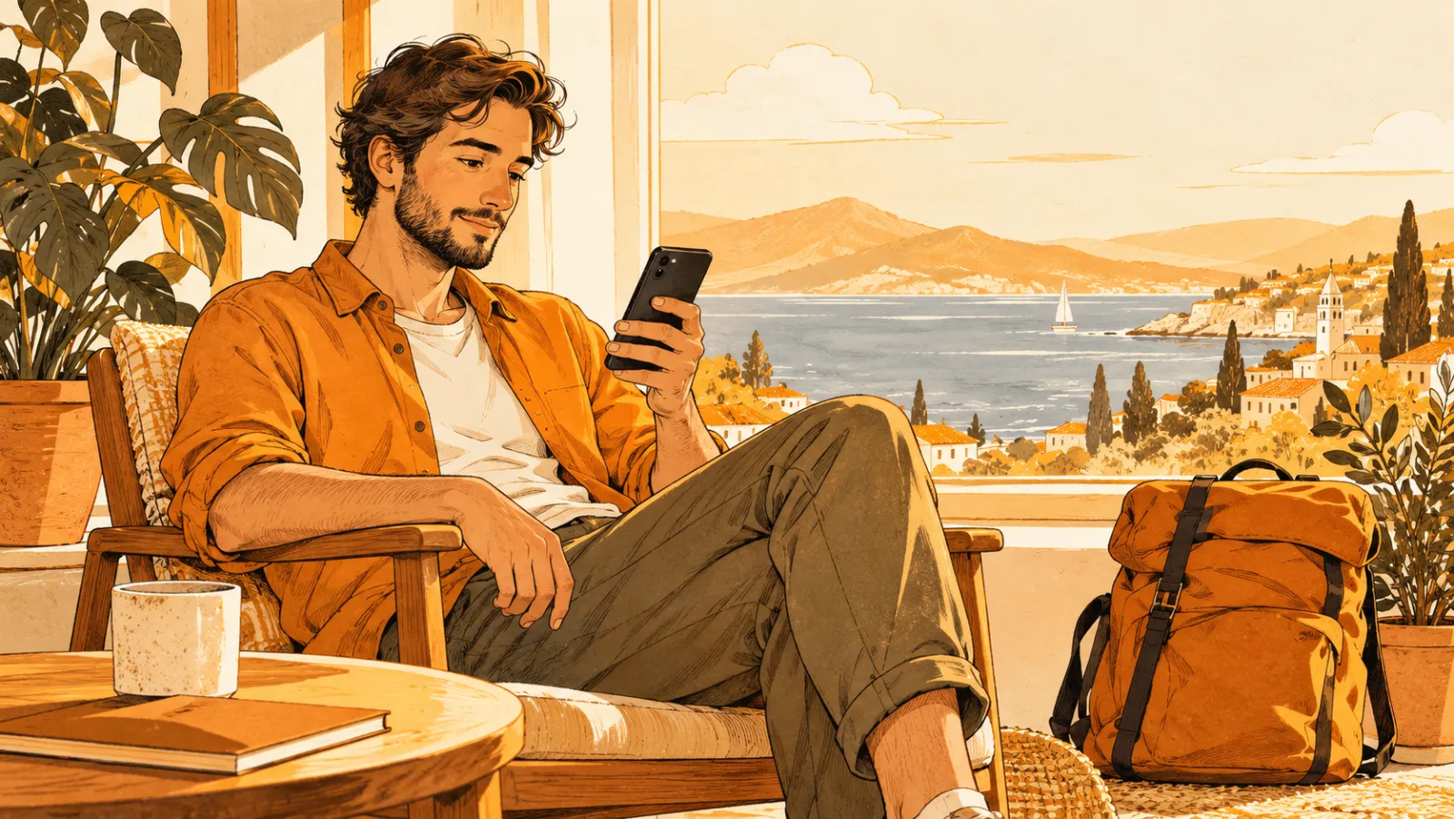 A man with a backpack relaxes by a window with his phone, the sea beyond