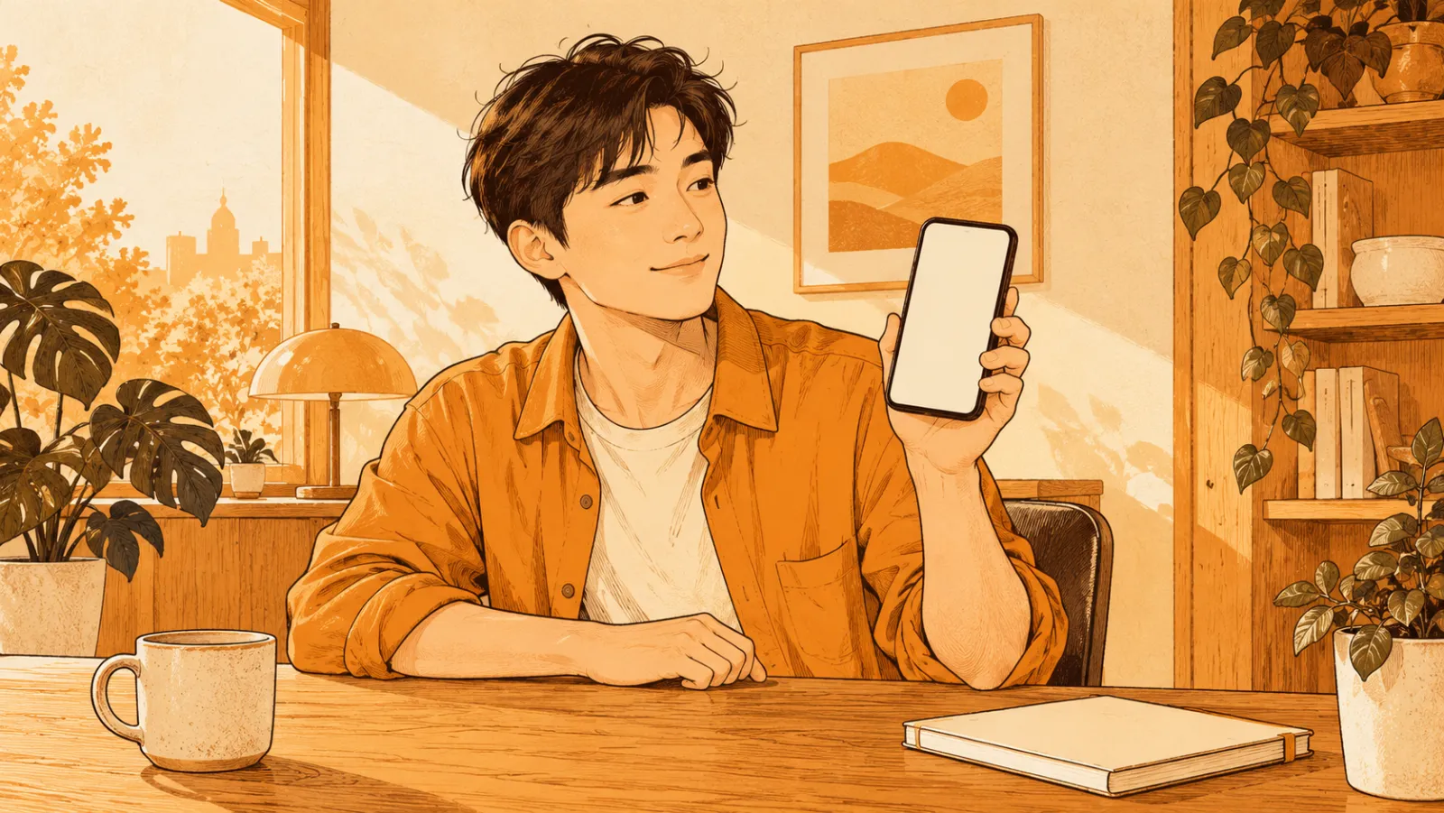 Seorang pemuda mengangkat iPhone-nya di meja
