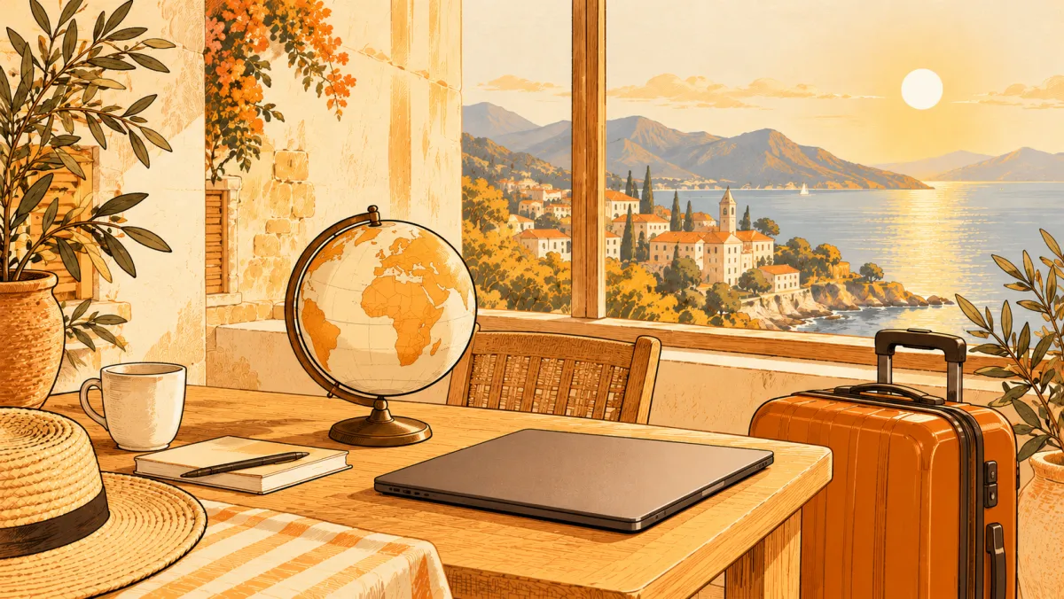 A laptop with travel luggage