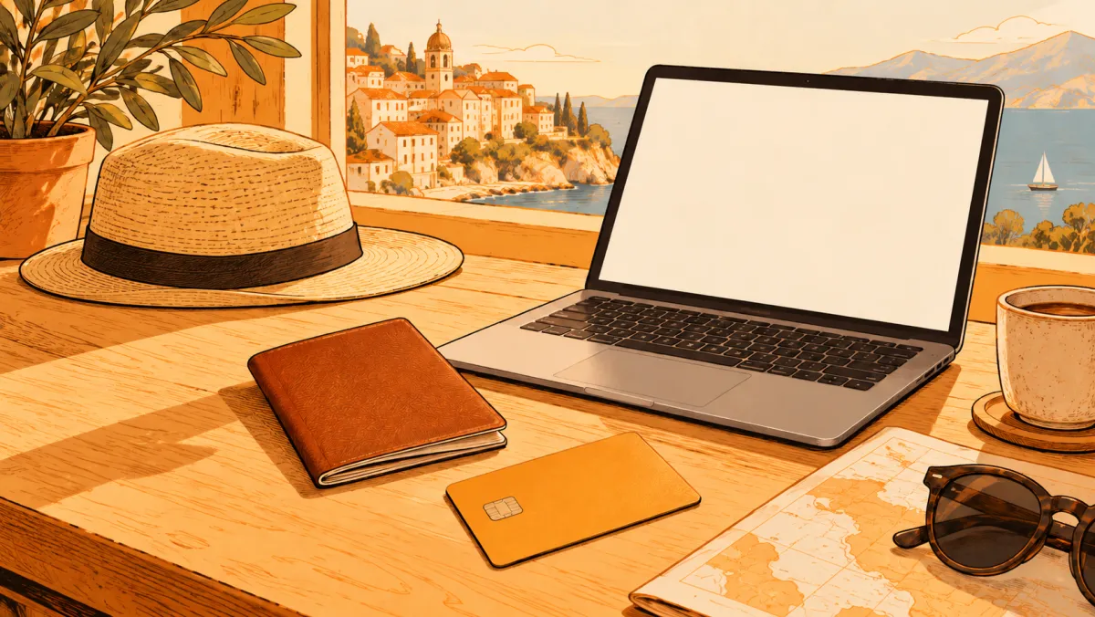 A payment card, travel booklet and laptop on a desk