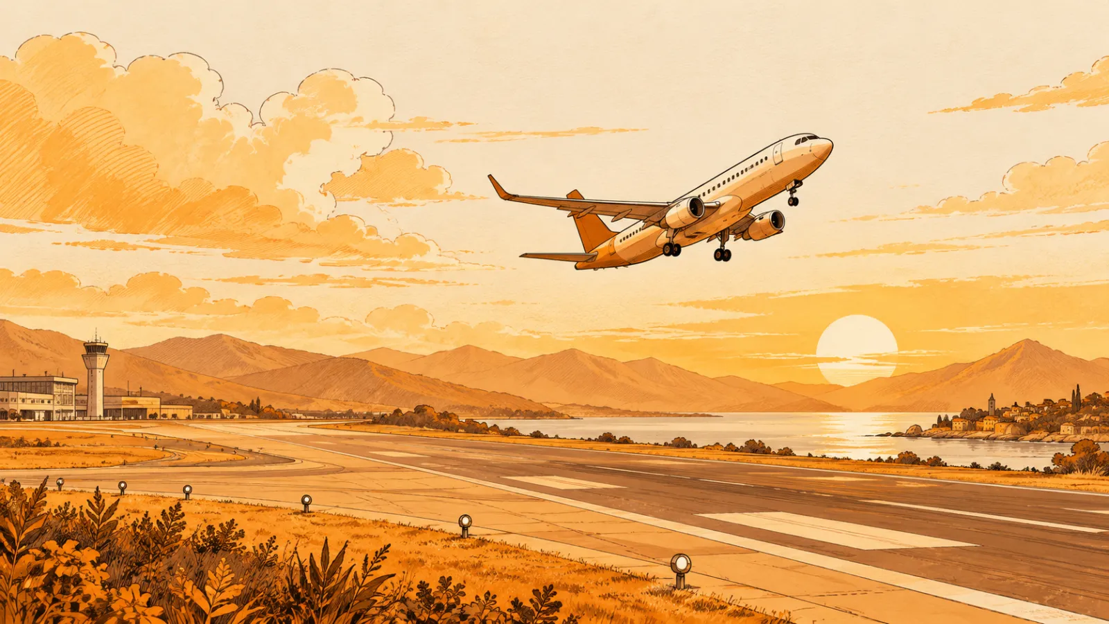 A plane taking off over mountains at sunset