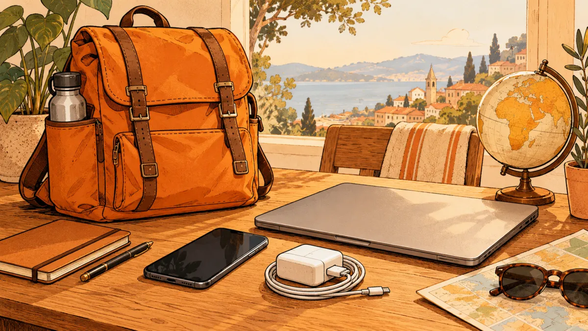 A travel bag, laptop, phone and power adapter
