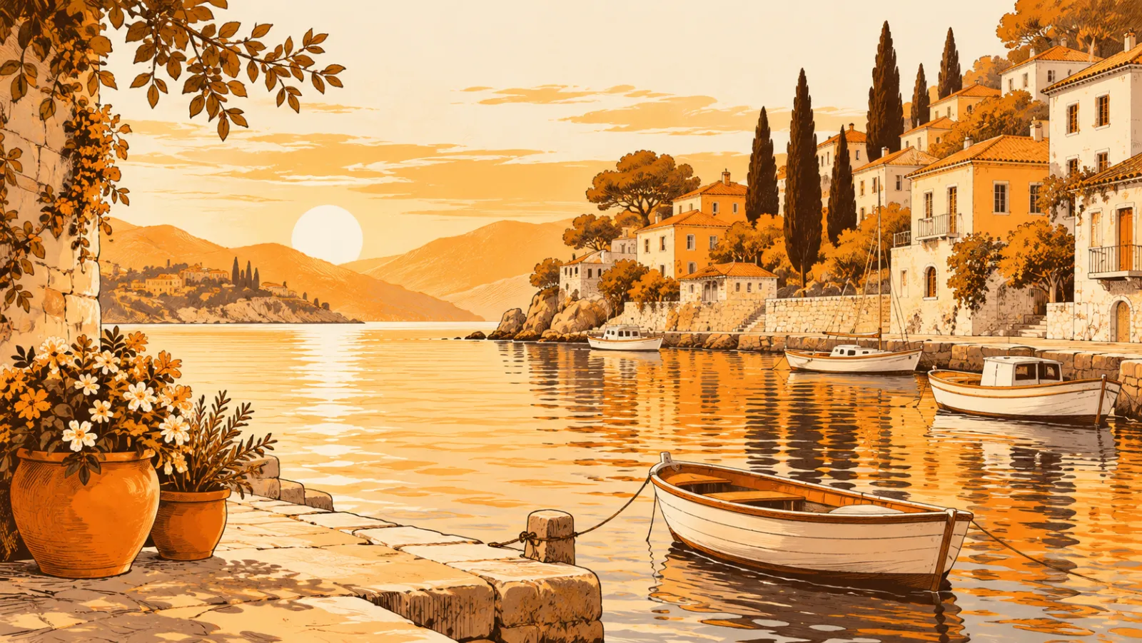A Mediterranean harbour with rowing boats below a hillside village at sunset