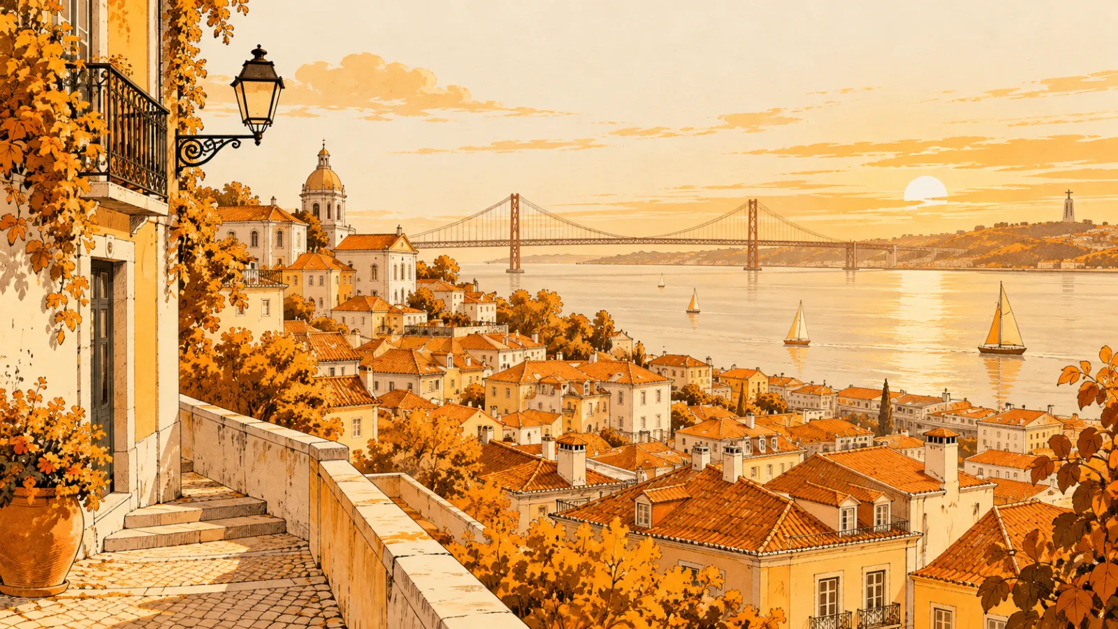 Lisbon's rooftops and the bridge over the Tagus at sunset
