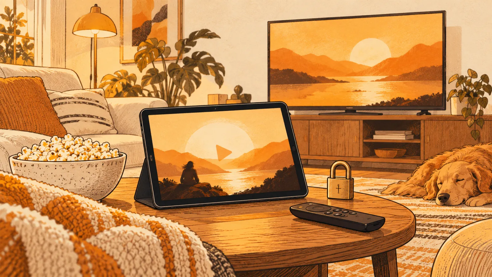 A tablet playing a film on a coffee table with popcorn and a remote, a dog asleep by the TV