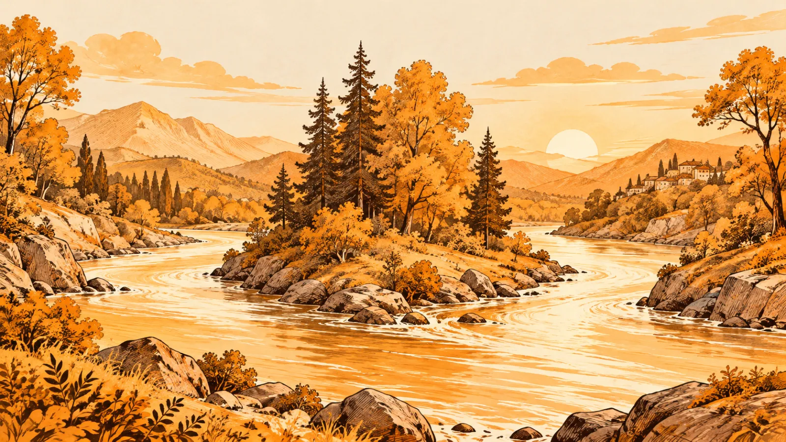 A river winding around a wooded island below the hills at sunset