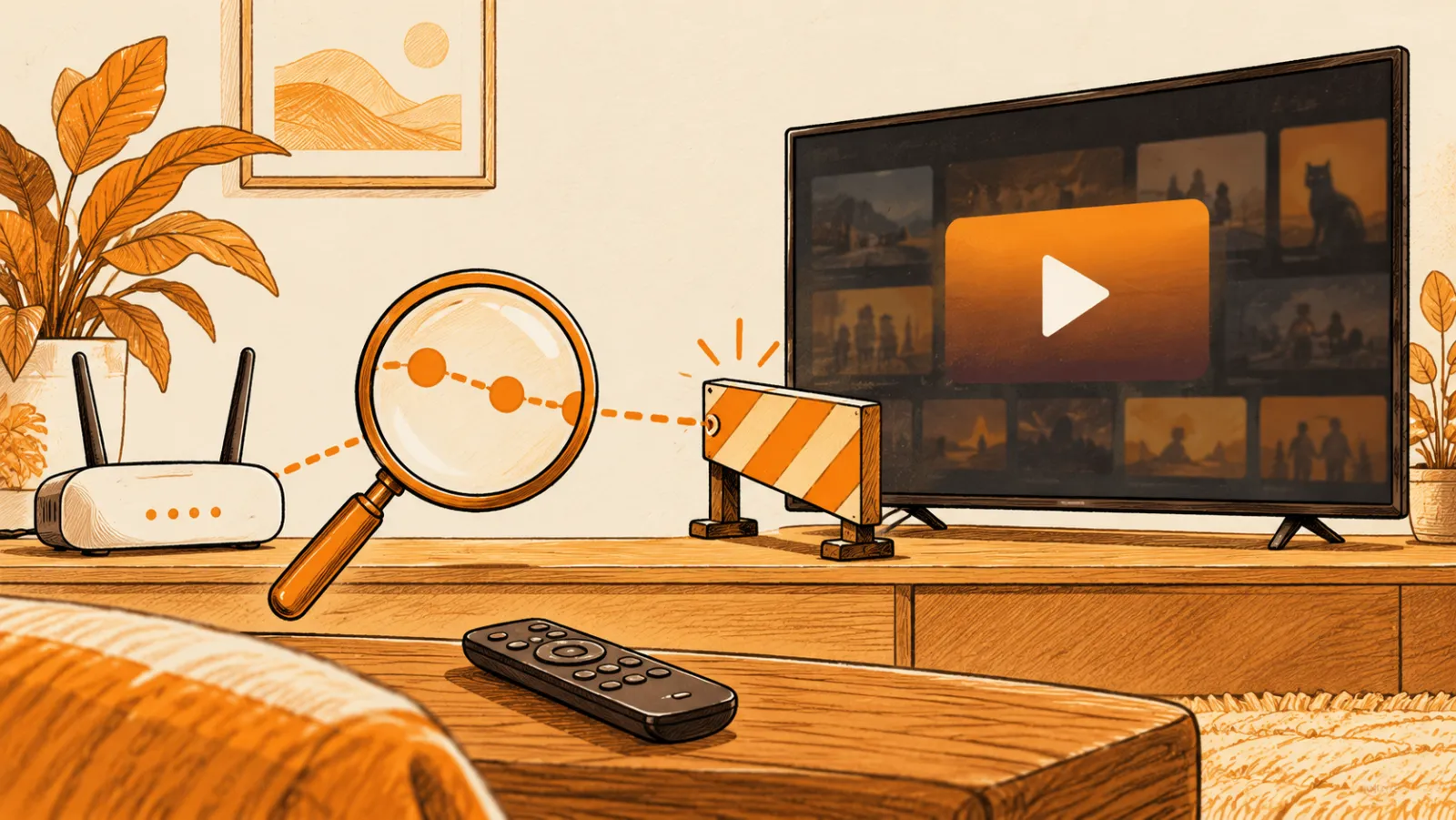 A TV showing a video grid, with a magnifying glass and a barrier on the line from the router