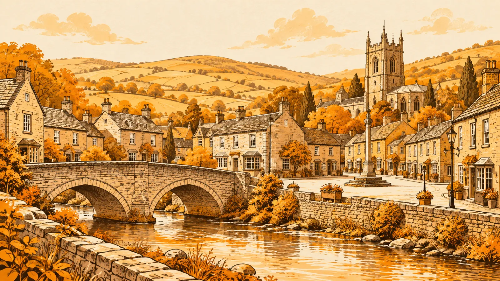 An English market town with a stone bridge, a church tower and rolling hills