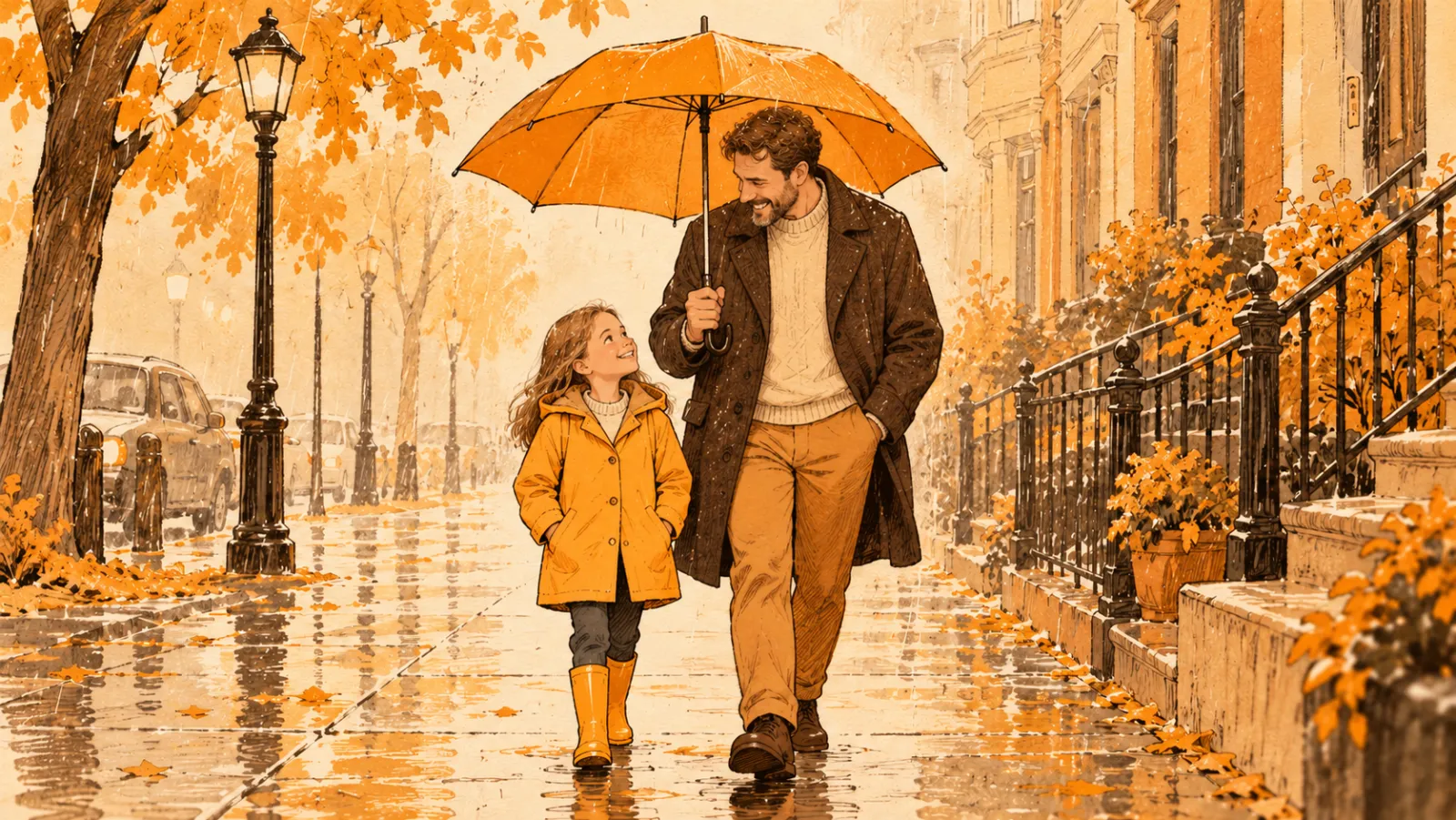A father and his young daughter walk under an umbrella on a rainy London street