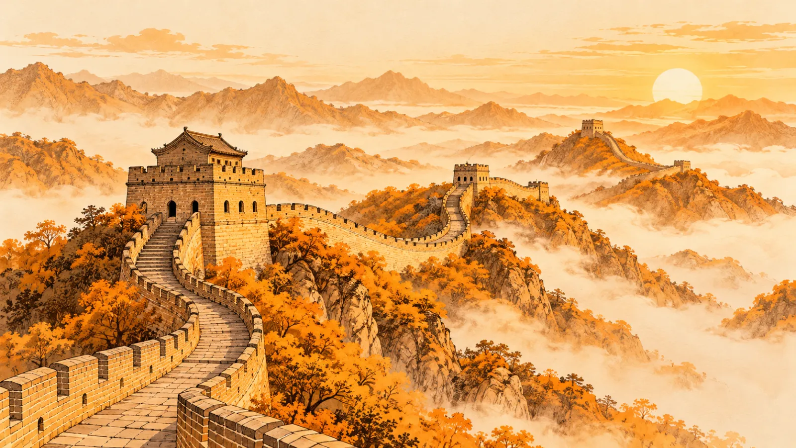 The Great Wall of China winding over misty mountains