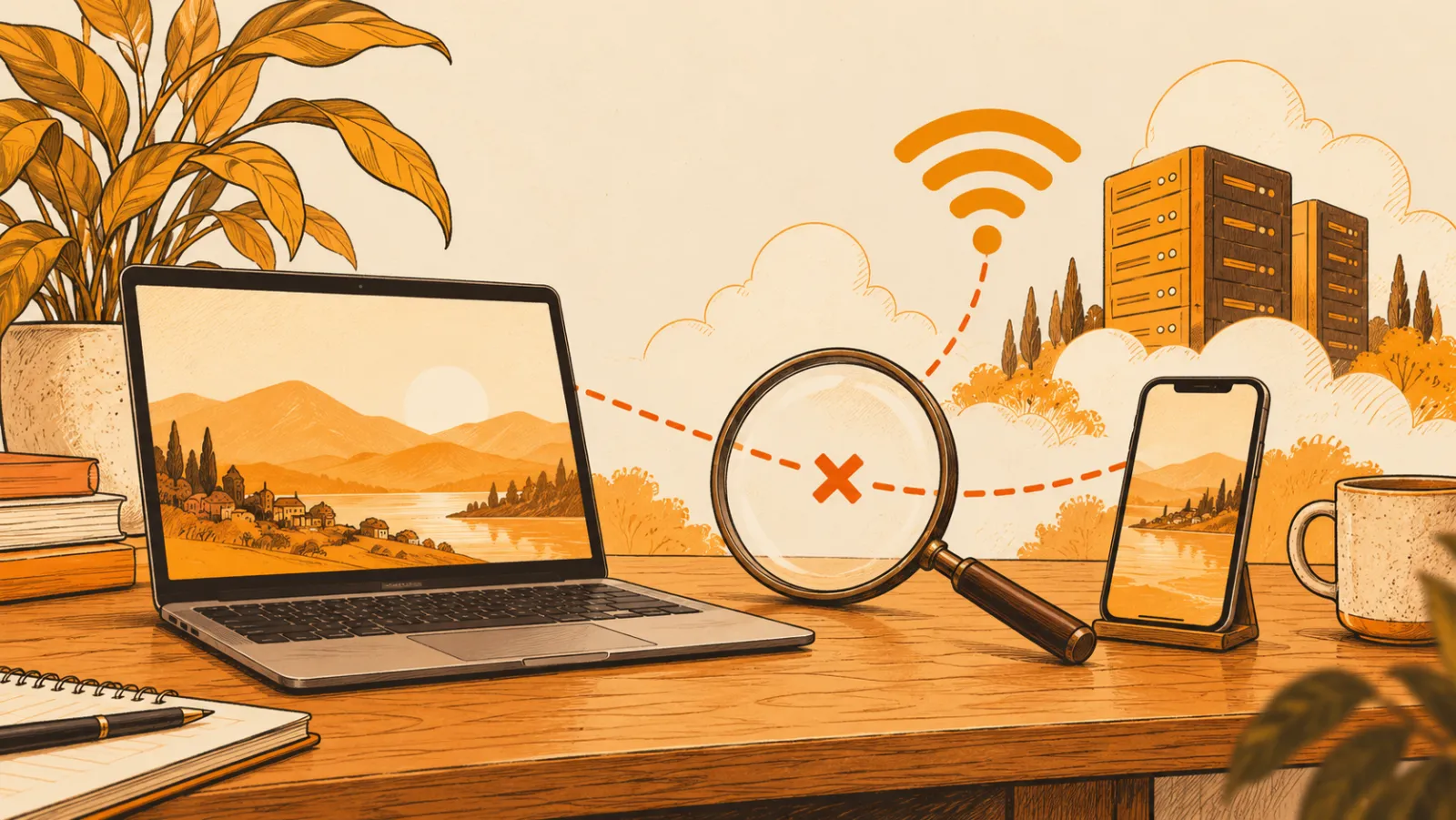 A laptop and phone with the connection between them broken, a magnifying glass over the gap