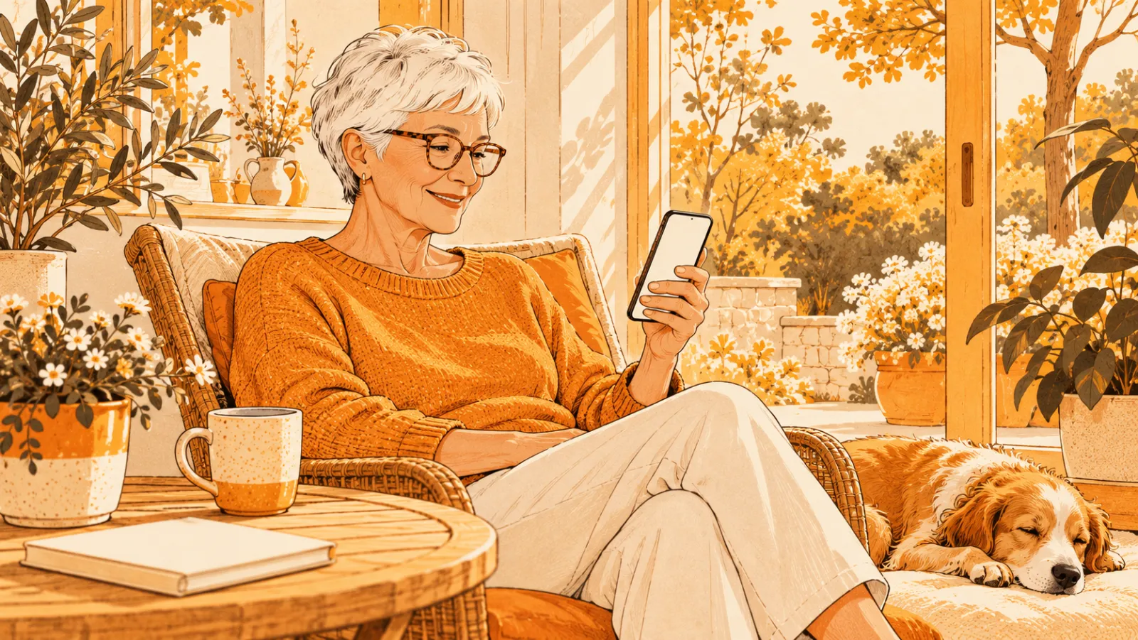 An older woman relaxes in a wicker chair with her phone, a dog asleep at her feet