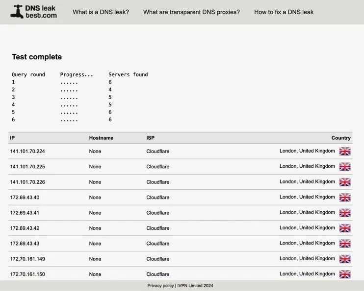 DNS Leak Test results showing Tegant VPN's effectiveness