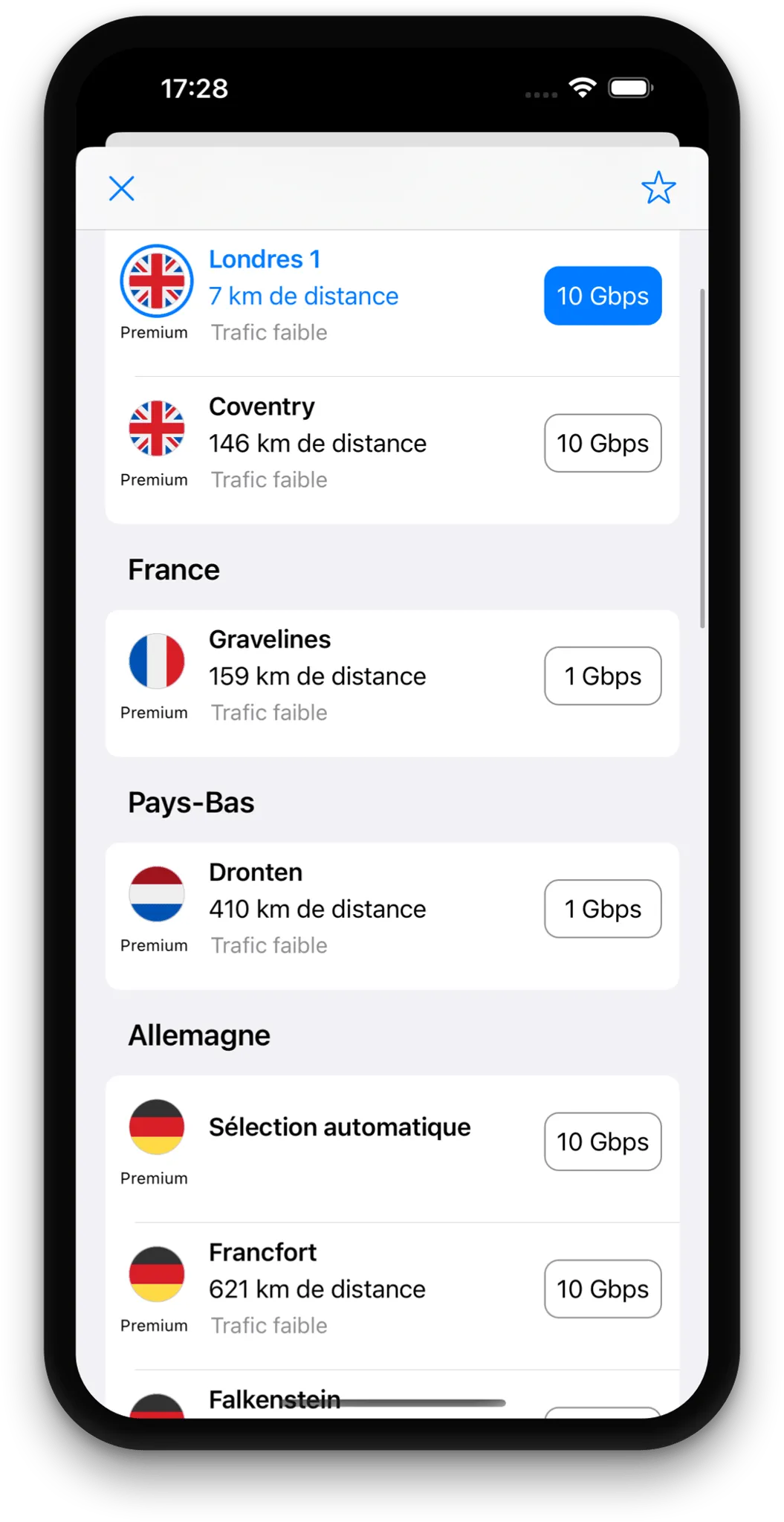 Écran de sélection des serveurs Tegant VPN