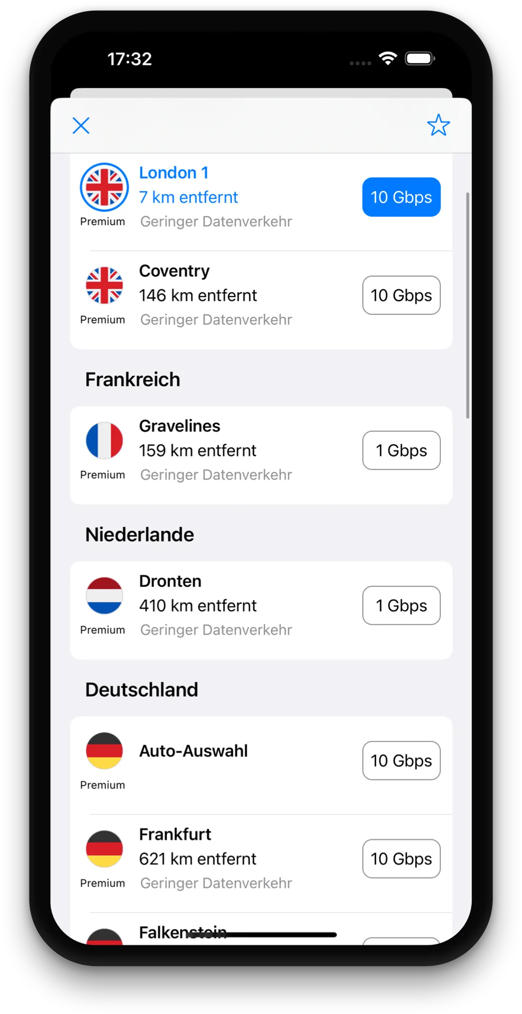 Tegant VPN Serverauswahlbildschirm