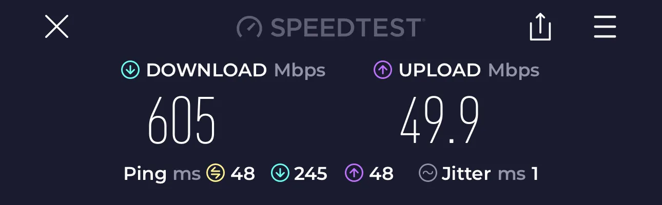 Tegant VPN Benchmark: London to Moscow - Download: 605 Mbps, Upload: 49.9 Mbps, Ping: 48 ms
