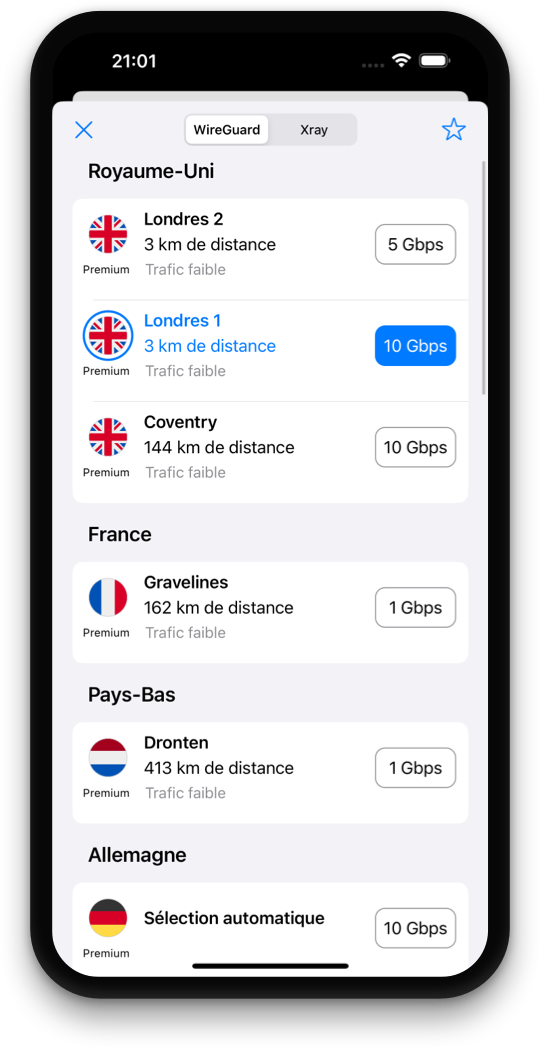 Écran de sélection du serveur Tegant VPN